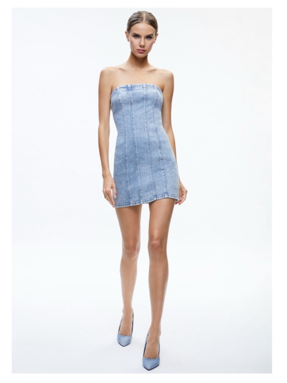 New! Alice + Olivia Palmer Strapless Bodycon Denim Mini Dress - Picture 2 of 11